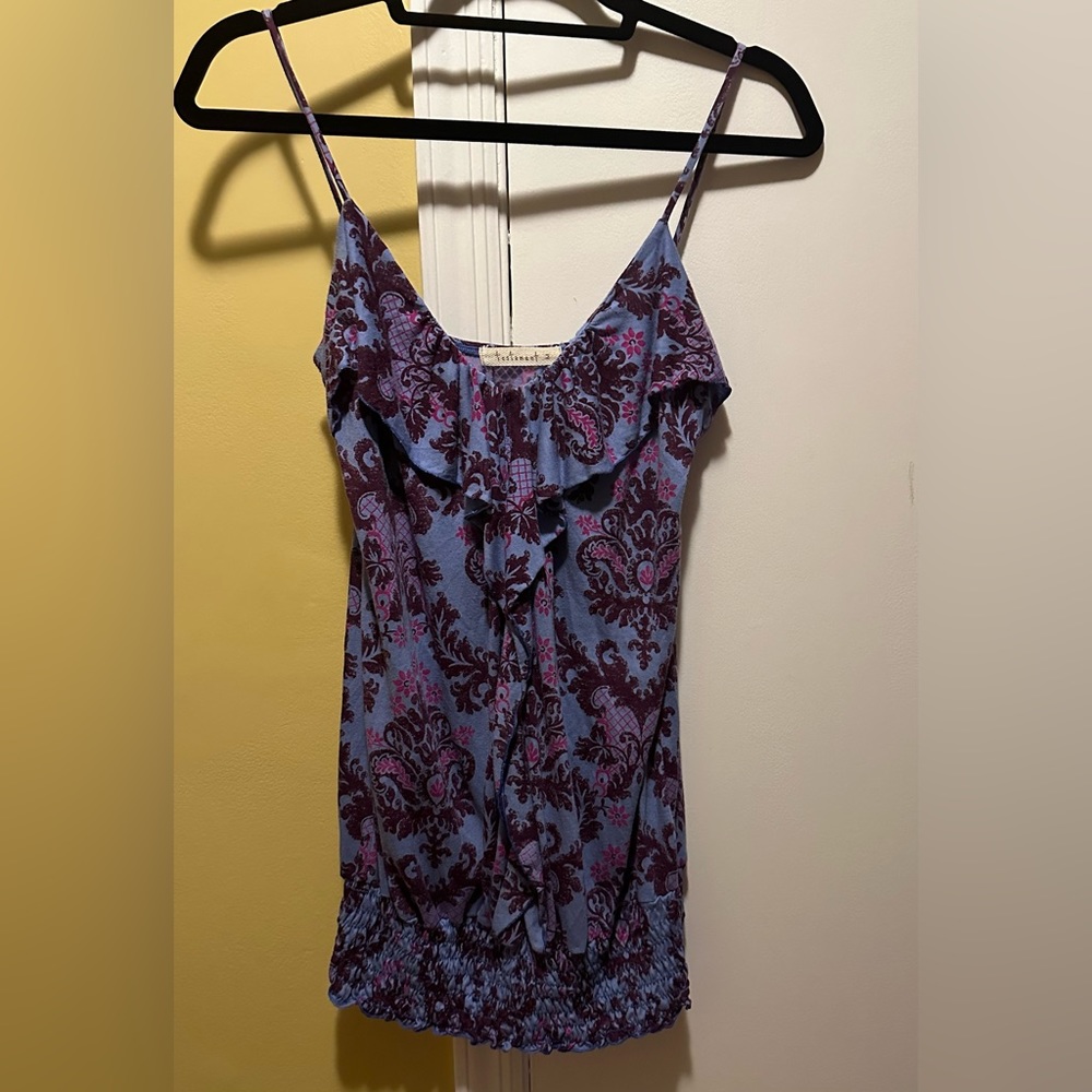 TESTAMENT BANDED BOTTOM TANK W/RUFFLE DOWN FRONT (M)- pink, blue & purple print
